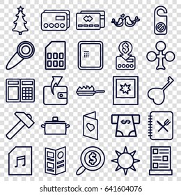 Card icons set. set of 25 card outline icons such as atm, clubs, wallet, atm money withdraw, do not disturb, hummer, lovebirds, heart key, christmas tree, photo, menu, pan