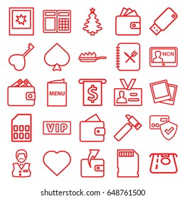 Card icons set. set of 25 card outline icons such as vip, wallet, spades, hearts, atm money withdraw, wallet, casino boy, hammer, heart key, badge, photo, usb drive, menu