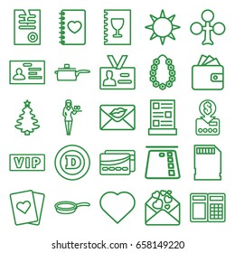 Card icons set. set of 25 card outline icons such as vip, clubs, hearts, wallet, casino girl, d letter, badge, paper, notebook with heart, love letter, garland, menu, pan