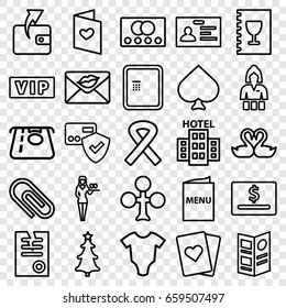 Card icons set. set of 25 card outline icons such as vip, atm, baby onesie, spades, clubs, casino girl, atm money withdraw, wallet, badge, paper, swan heart, love letter