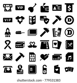 Card icons. set of 36 editable filled card icons such as vip, atm, photos, casino girl, atm money withdraw, wallet, spades, d letter, do not disturb, badge, hummer