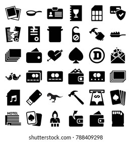 Card icons. set of 36 editable filled card icons such as photos, wallet, casino girl, wallet, paper, heart with arrow, love letter, lovebirds, photo, usb drive, menu, pan