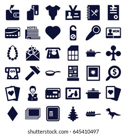 Card icons set. set of 36 card filled icons such as atm, photos, baby onesie, clubs, hearts, diamonds, atm money withdraw, wallet, casino boy, spades, do not disturb, paper