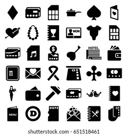 Card icons set. set of 36 card filled icons such as atm, baby onesie, spades, clubs, diamonds, wallet, casino girl, d letter, hummer, heart with arrow, notebook with heart