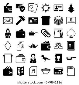 Card icons set. set of 36 card filled and outline icons such as atm, casino girl, wallet, casino boy, badge, hummer, lovebirds, menu, pan, wallet, spades, diamonds, swan heart