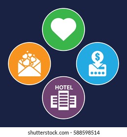 card icons set. Set of 4 card filled icons such as Hearts, love letter, hotel