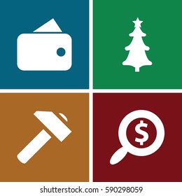 card icons set. Set of 4 card filled icons such as hummer, christmas tree, search dollar
