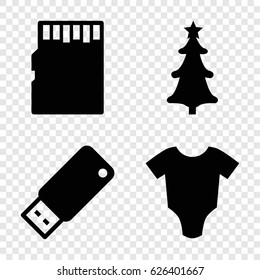 Card icons set. set of 4 card filled icons such as baby onesie, christmas tree, usb drive