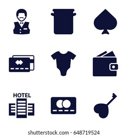 Card icons set. set of 9 card filled icons such as baby onesie, spades, credit card, casino boy, heart key, pan, hotel