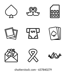 Card icons set. set of 9 card outline icons such as spades, atm money withdraw, swan heart, love letter, lovebirds, ribbon