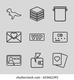 Card icons set. set of 9 card outline icons such as vip, credit card, wallet, spades, love letter, pan, badge, dinosaur