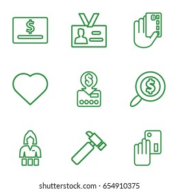 Card icons set. set of 9 card outline icons such as hearts, casino girl, hummer, badge