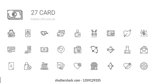 card icons set. Collection of card with cupid, clothing shop, heart, poker, cashier, promotions, ace of diamonds, bow, fax, love, cash, bill. Editable and scalable card icons.