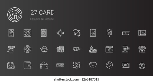 card icons set. Collection of card with love, heart, garlands, boarding pass, wedding arch, wallet, valentines day, christmas tree, supermarkets. Editable and scalable card icons.