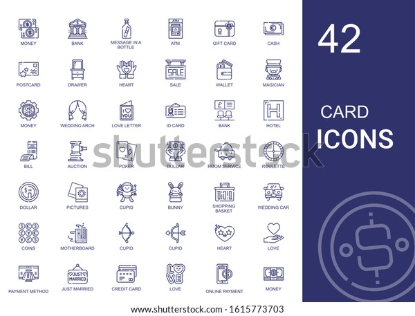 card icons\
set. Collection of card with money, bank, message in a bottle, atm,\
gift card, cash, postcard, drawer, heart, sale, wallet, magician.\
Editable and scalable\
icons.