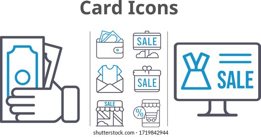 card icons set. included gift, newsletter, online shop, sale, wallet, shop, money icons. bicolor styles.