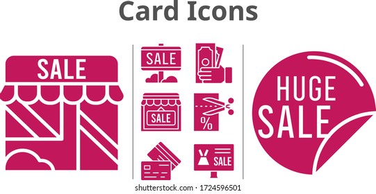card icons set. included online shop, sale, shop, money, voucher, credit card icons. filled styles.