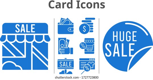 card icons set. included online shop, sale, shop, wallet, money icons. filled styles.