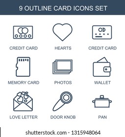 card icons. Trendy 9 card icons. Contain icons such as credit card, Hearts, memory photos, wallet, love letter, door knob, pan. icon for web and mobile.