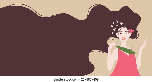 Card with illustration of beautiful brunette woman with flowing hair. Woman holds a flower. Template for beauty salon, hair salon, shampoo or Women's Day, 8th March.