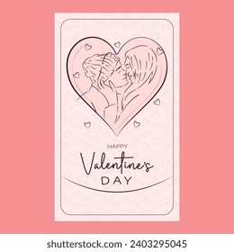 card with illustration of a couple kissing for Valentine's Day, decoration with silhouette of hearts