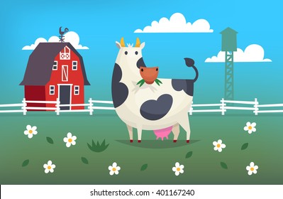 Card illustration with a cow eating grass on a farm near red barn