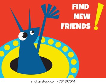 Card with illustration of friendly blue alien in the space on a red background