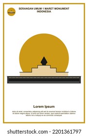 A card with illustration of monumen serangan umum 1 maret (jogja) in yogyakarta, indonesia as the main idea. as a reminder of the struggle for independence, located at km 0 downtown near the kraton