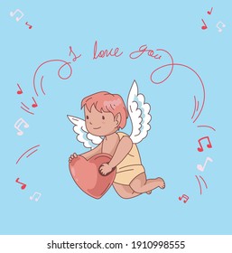 card with illustration on a colored background for valentine's day with the words "I love you"