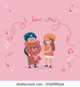 card with illustration on a colored background for valentine's day with the words "I love you"