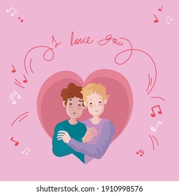 card with illustration on a colored background for valentine's day with the words "I love you"