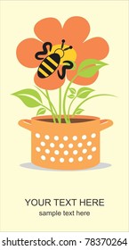Card illustration of orange  flowers and bee in pot