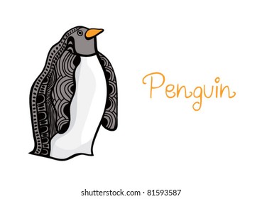 card illustration of  penguin, hand drawn original artwork.