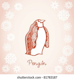 card illustration of penguin under snowfall, hand drawn original artwork.