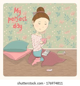 Card with illustration of pretty girl. Girl with a cup of hot tea in the warm and cozy blanket