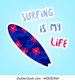 Card with illustration surfing.  Design for t-shirt. Vector