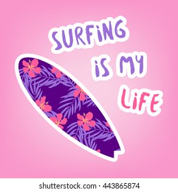 Card with illustration surfing.  Design for t-shirt. Vector