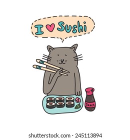 Card with the image of a cat who eats sushi. Can be used as a print for t-shirts, cell phone cases and other products.