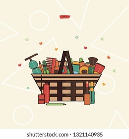 card with the image of cosmetics in the basket. Tools for make-up. Can be used in website design, etc.