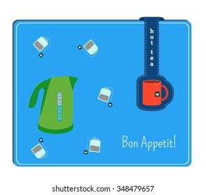 The card with the image of the electric kettle. Label with cup of tea.
