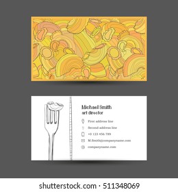 Card with the image of pasta and logo with a fork. Stylized drawing of a pen. Maybe part of the corporate identity associated with food.