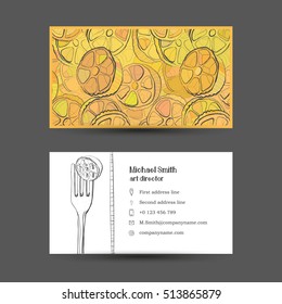 Card with the image of pasta and logo with a fork. Stylized drawing of a pen. Maybe part of the corporate identity associated with food.