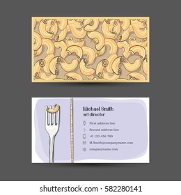 Card with the image of pasta and logo with a fork. Stylized drawing of a pen. Maybe part of the corporate identity associated with food.