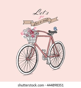 Card with image of a Retro bicycle with a flowers. Vector illustration.