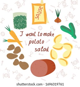 A card with an image of salad vegetables that you can use to record a recipe or menu item. Abstract contemporary modern trendy vector illustration. All elements are isolated.