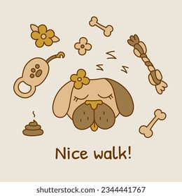 A card with the image of a sleeping pug with a flower. Elements of dog attributes, accessories for a walk. Vector poster with text on a beige background.