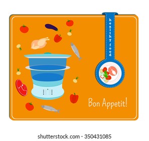 The card with the image of the steamer and the ingredients for cooking. Label with a plate of fish and vegetables.