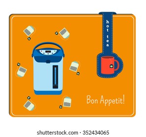 The card with the image of the thermopot. Label with cup of tea.