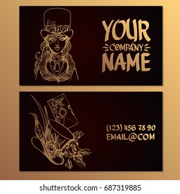 Card with the image of a woman in a hat in style simpank. Templates for creating business cards, posters, advertising pages.