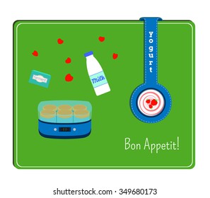 The card with the image of the yogurt maker and the ingredients for yogurt. Label with a plate yogurt.